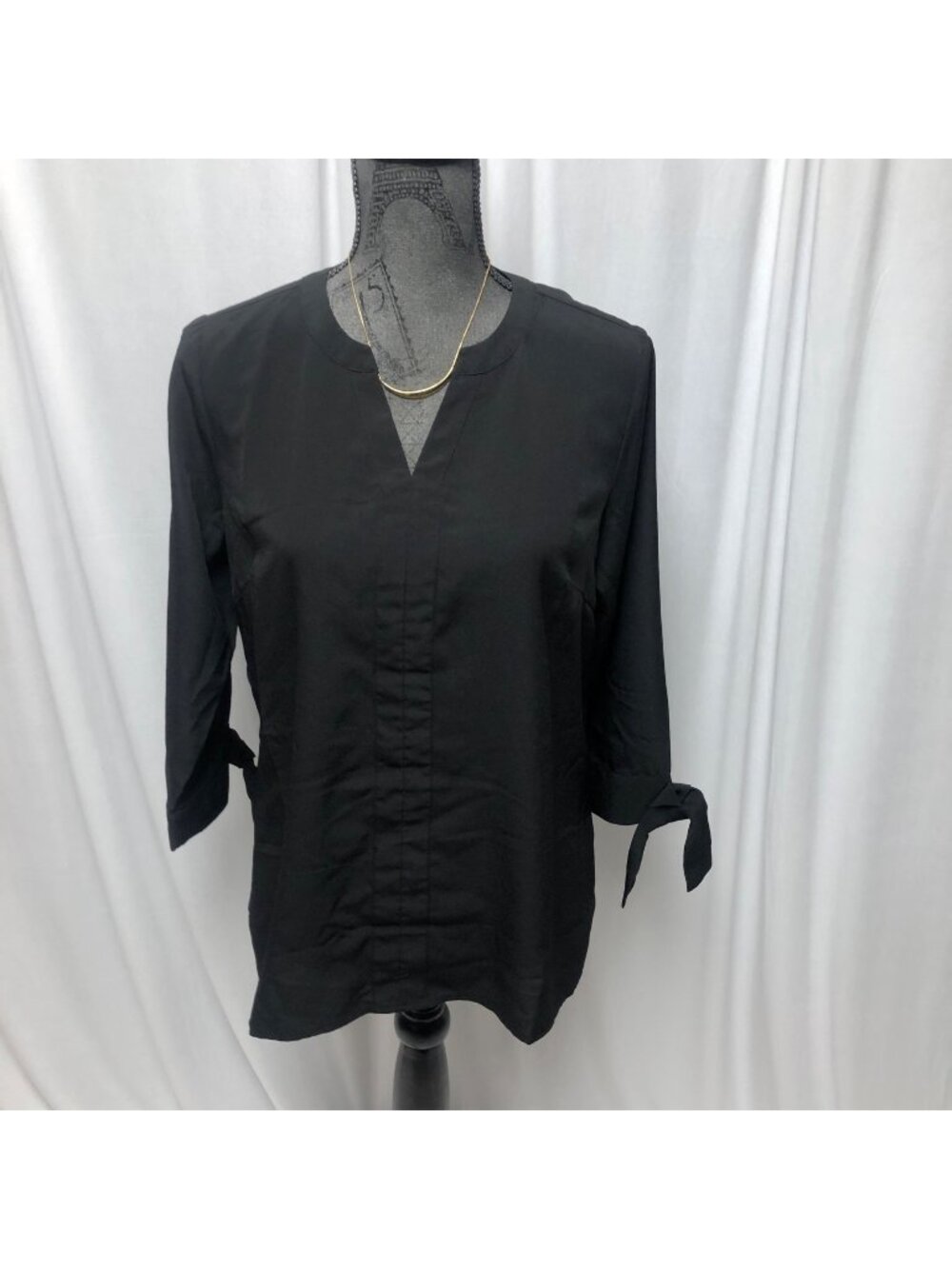 Joan Rivers Blouse Womens Size 8 Black V-Neck Ties on Sleeves Shirt Top